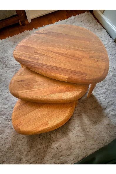 Masif Doğal Ahşap Yağlı Zigon Sehpa 3'lü Set, Ceviz Orta Yüzyıl Modern Yan Sehpa - 4
