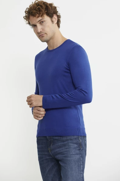 Erkek Sıfır Yaka Basic Triko Kazak - Saks - 5