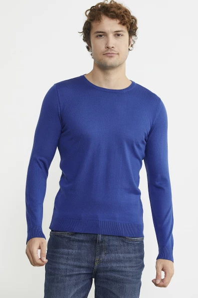 Erkek Sıfır Yaka Basic Triko Kazak - Saks