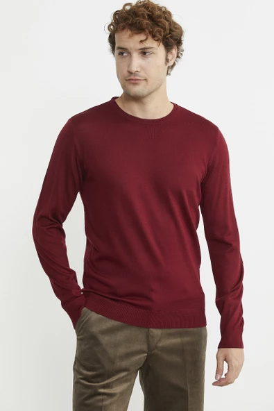 Erkek Sıfır Yaka Basic Triko Kazak - Bordo - Resim 4