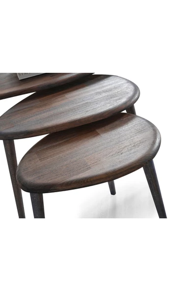 Masif Doğal Ahşap Zigon Sehpa 3'lü Set, Modern Masif Yan Sehpa - 5