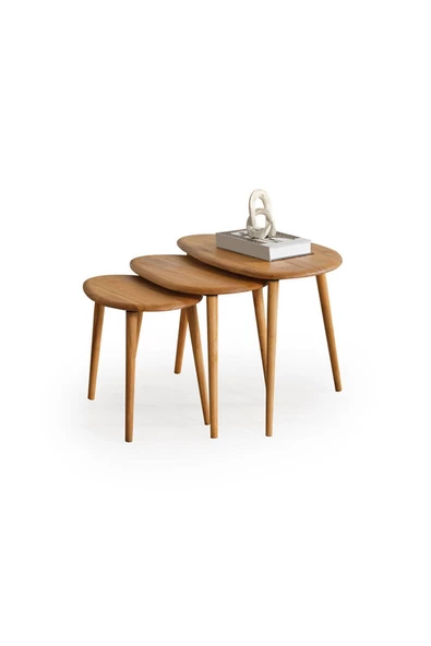 Masif Doğal Ahşap Zigon Sehpa 3'lü Set, Modern Masif Yan Sehpa - 4