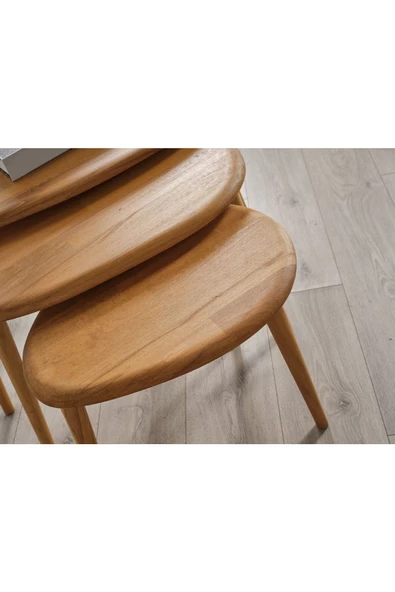 Masif Doğal Ahşap Zigon Sehpa 3'lü Set, Modern Masif Yan Sehpa - 3