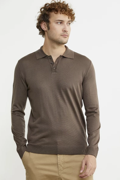 Erkek Polo Yaka Triko Kazak - Vizon - 4