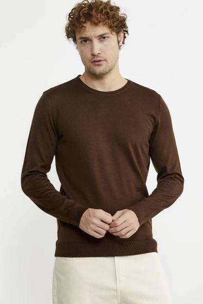 Erkek Sıfır Yaka Basic Triko Kazak - Kahve - 4