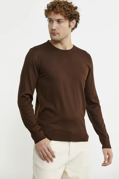 Erkek Sıfır Yaka Basic Triko Kazak - Kahve - 3