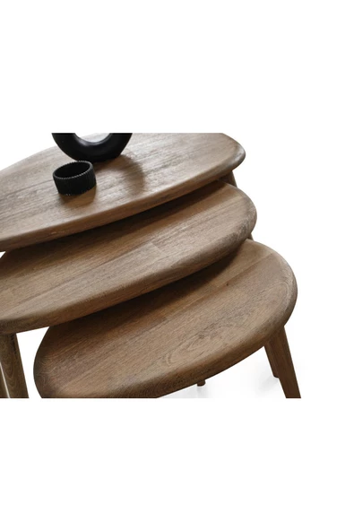 Masif Doğal Ahşap Zigon Sehpa 3'lü Set, Modern Masif Yan Sehpa - 4