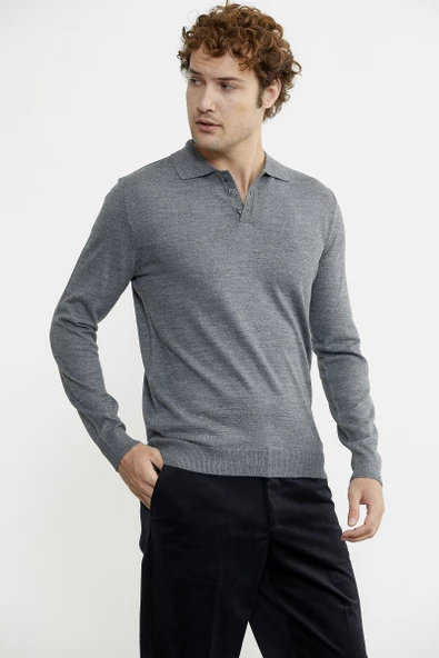 Erkek Polo Yaka Triko Kazak - Füme - 4
