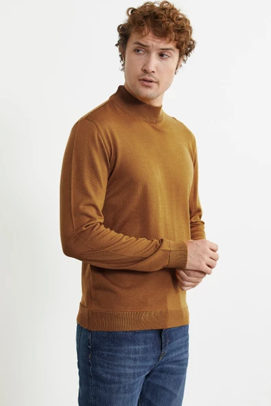 Erkek Yarım Boğazlı Triko Kazak - Hardal - Resim 4