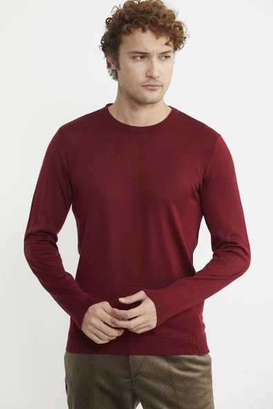 Erkek Sıfır Yaka Basic Triko Kazak - Bordo - Resim 2