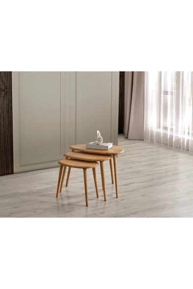 Masif Doğal Ahşap Zigon Sehpa 3'lü Set, Modern Masif Yan Sehpa - 5