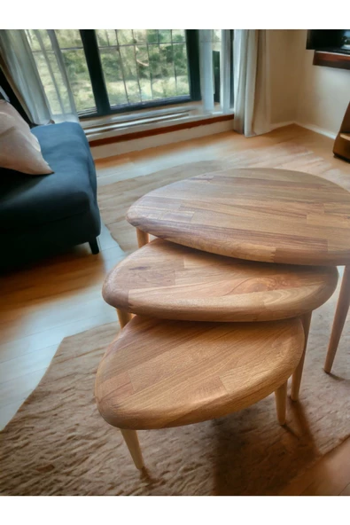 Masif Doğal Ahşap Yağlı Zigon Sehpa 3'lü Set, Ceviz Orta Yüzyıl Modern Yan Sehpa - 6