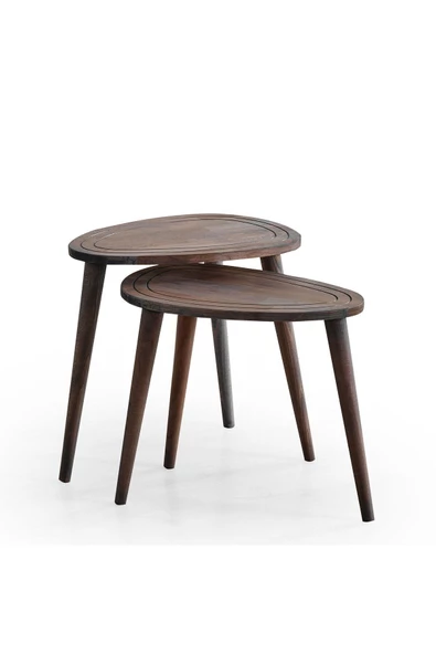 Sweet Masif Doğal Ahşap Zigon Sehpa 2'li Set, Modern Masif Yan Sehpa - 4