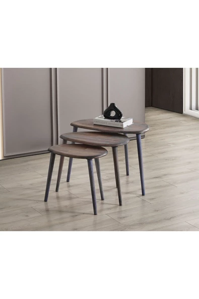 Masif Doğal Ahşap Zigon Sehpa 3'lü Set, Modern Masif Yan Sehpa - 2