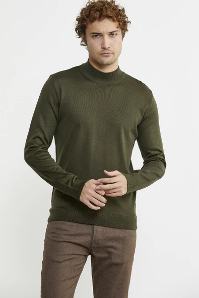 Erkek Yarım Boğazlı Triko Kazak - Haki