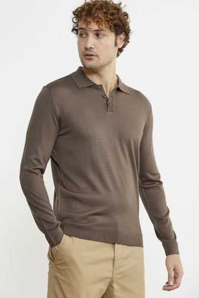 Erkek Polo Yaka Triko Kazak - Vizon - 5