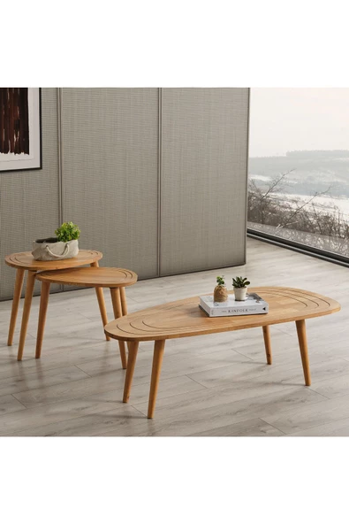 Sweet Masif Doğal Ahşap Orta Sehpa Ve 2'li Zigon Sehpa Set, Modern Masif Yan Ve Orta Sehpa Set - 2
