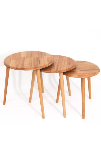 Yuvarlak Masif Doğal Tekli, 2'li, 3'lü Zigon Sehpa Set, Modern Masif Yan Sehpa - 2