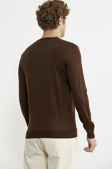 Erkek Sıfır Yaka Basic Triko Kazak - Kahve - 5