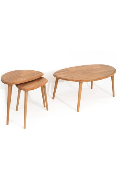 Asimetrik Masif Doğal Ahşap Orta Sehpa ve 2'li/3'lü Zigon Sehpa Set, Modern Masif Yan ve Orta Sehpa - 2