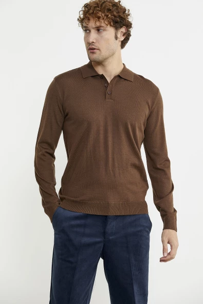 Erkek Polo Yaka Triko Kazak - Kahve - Resim 3