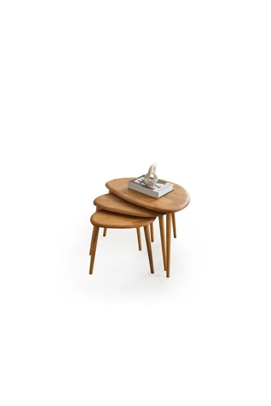 Masif Doğal Ahşap Zigon Sehpa 3'lü Set, Modern Masif Yan Sehpa - 7