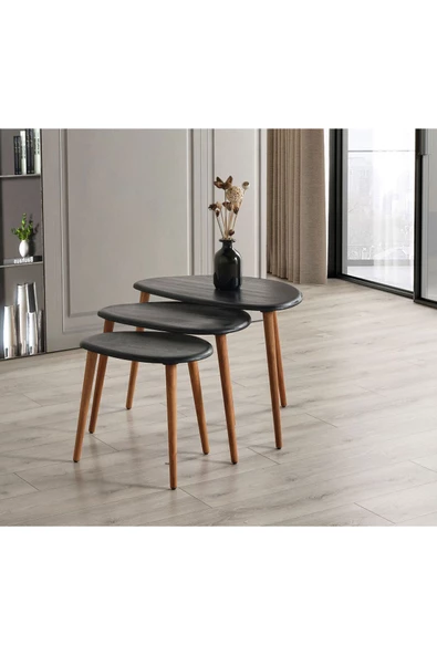 Masif Doğal Ahşap Zigon Sehpa 3'lü Set, Modern Masif Yan Sehpa - 2