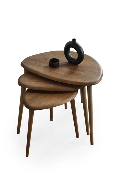 Masif Doğal Ahşap Zigon Sehpa 3'lü Set, Modern Masif Yan Sehpa - 6