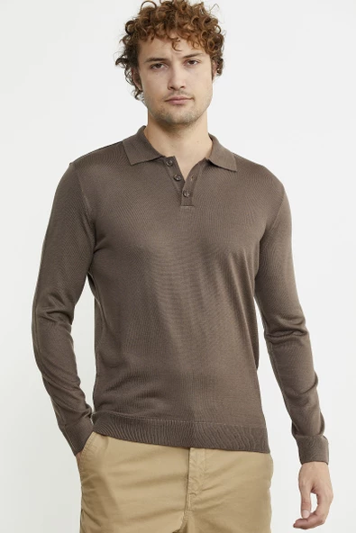 Erkek Polo Yaka Triko Kazak - Vizon - 3