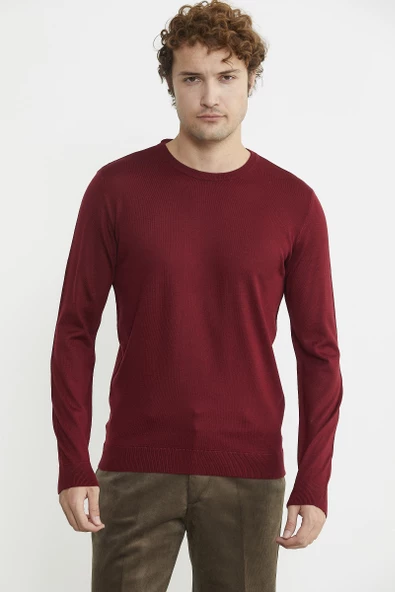 Erkek Sıfır Yaka Basic Triko Kazak - Bordo