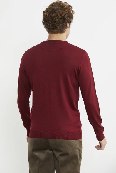 Erkek Sıfır Yaka Basic Triko Kazak - Bordo - Resim 6