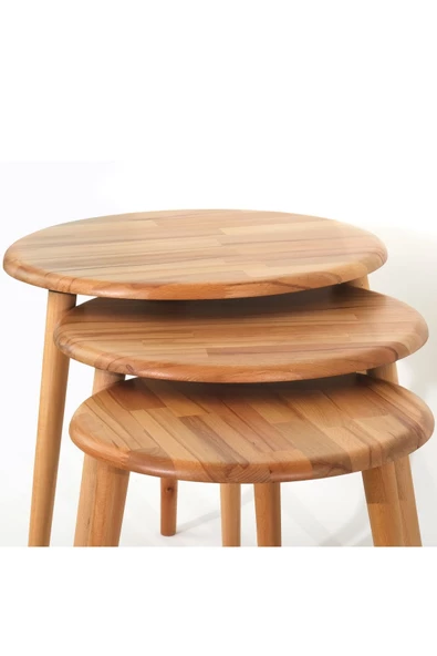 Yuvarlak Masif Doğal Tekli, 2'li, 3'lü Zigon Sehpa Set, Modern Masif Yan Sehpa - 3