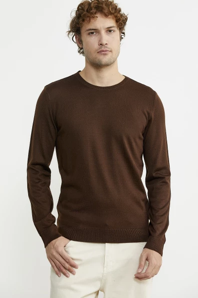 Erkek Sıfır Yaka Basic Triko Kazak - Kahve - 2