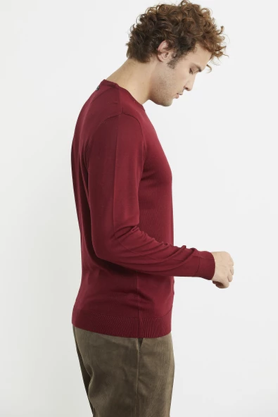 Erkek Sıfır Yaka Basic Triko Kazak - Bordo - Resim 5