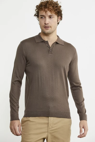 Erkek Polo Yaka Triko Kazak - Vizon - 2
