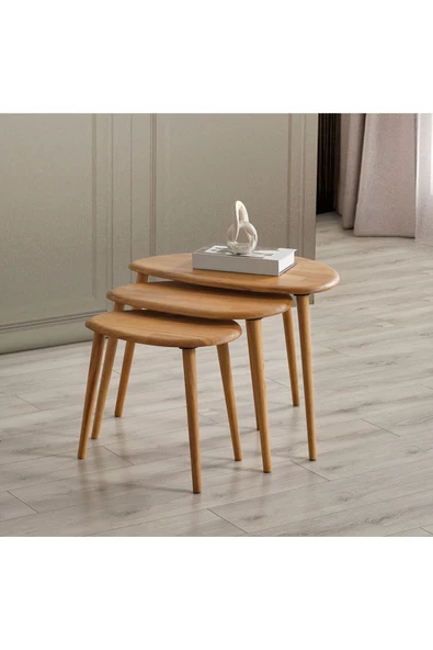 Masif Doğal Ahşap Zigon Sehpa 3'lü Set, Modern Masif Yan Sehpa - 2