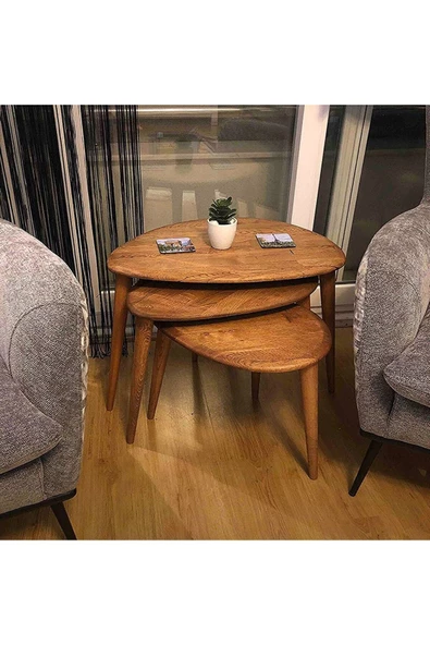 Masif Doğal Ahşap Yağlı Zigon Sehpa 3'lü Set, Ceviz Orta Yüzyıl Modern Yan Sehpa - 2