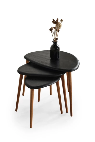 Masif Doğal Ahşap Zigon Sehpa 3'lü Set, Modern Masif Yan Sehpa - 6