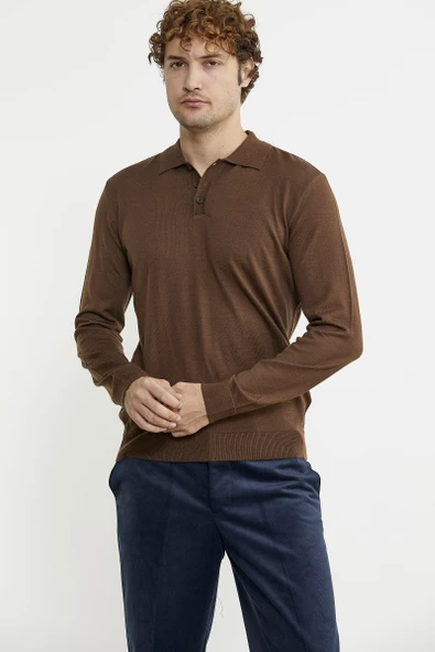 Erkek Polo Yaka Triko Kazak - Kahve - Resim 4