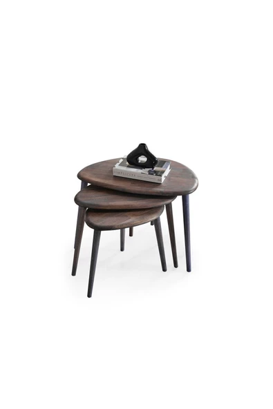 Masif Doğal Ahşap Zigon Sehpa 3'lü Set, Modern Masif Yan Sehpa - 6