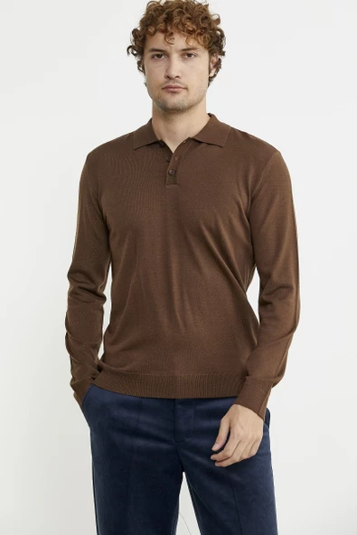 Erkek Polo Yaka Triko Kazak - Kahve - Resim 2
