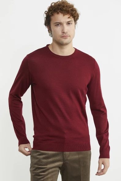 Erkek Sıfır Yaka Basic Triko Kazak - Bordo - Resim 3