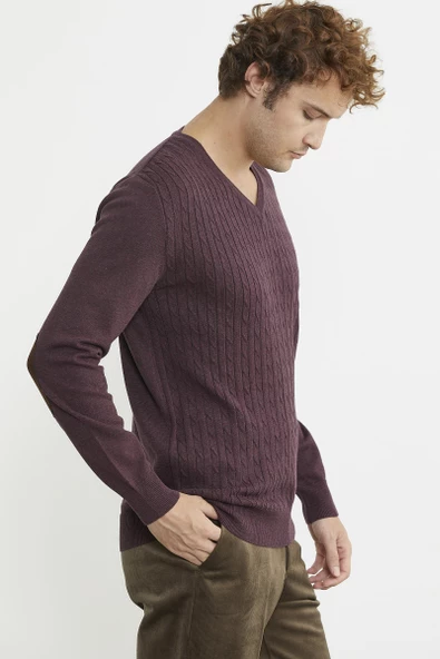 Süet Garnili Saç Örgülü Triko Kazak - Bordo - Resim 5