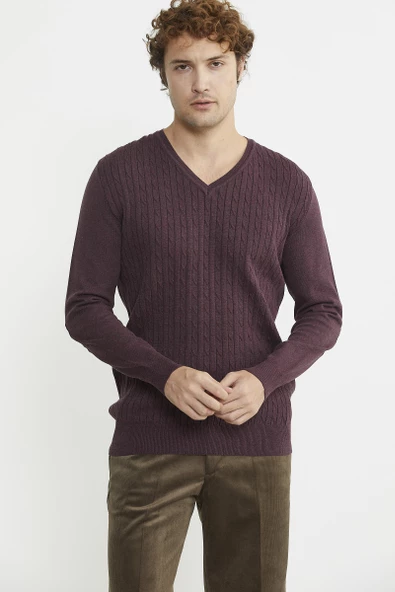 Süet Garnili Saç Örgülü Triko Kazak - Bordo - Resim 3