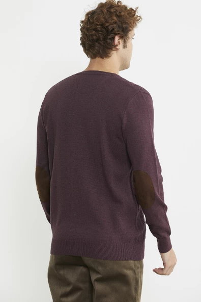 Süet Garnili Saç Örgülü Triko Kazak - Bordo - Resim 6