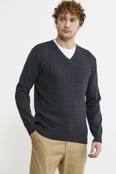 Süet Garnili Saç Örgülü Triko Kazak - Antrasit - Resim 3