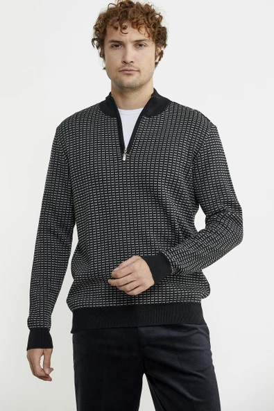 Dik Yaka Yarım Fermuar Triko Kazak - Siyah - Resim 3