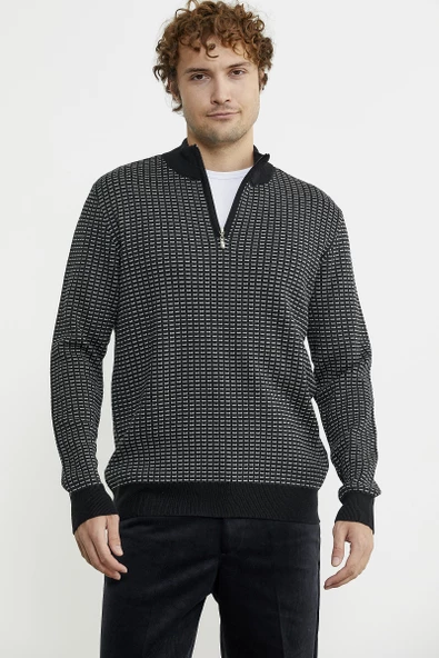 Dik Yaka Yarım Fermuar Triko Kazak - Siyah - Resim 2