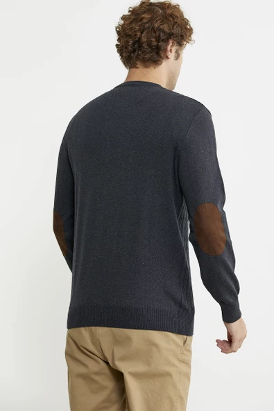 Süet Garnili Saç Örgülü Triko Kazak - Antrasit - Resim 4