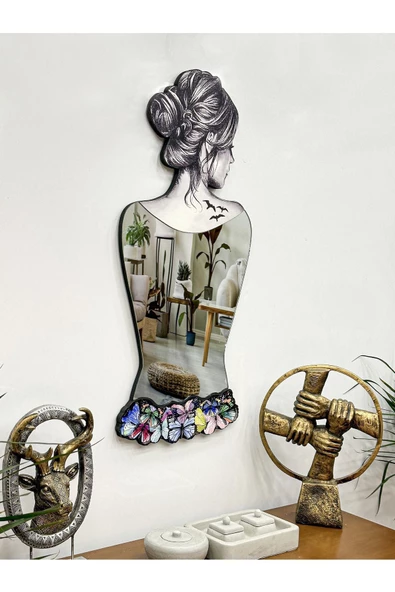 Kelebek Etekli Kadın Dekoratif Duvar Aynası, Tam Boy Ayna, Modern Ev Aynası - 2